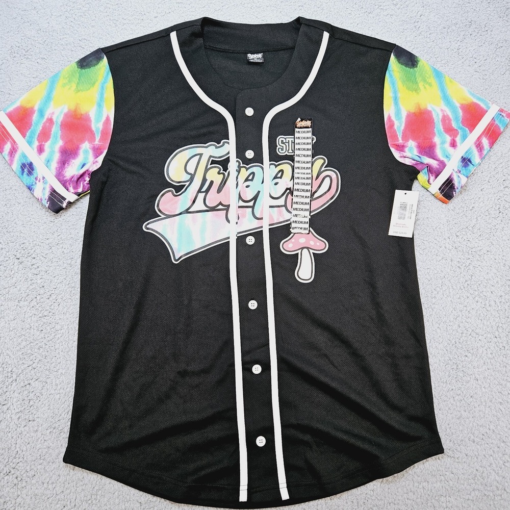 Stay Trippy Jersey Shirt Womens Medium Tie Dye Mushroom Henley Button Spencers